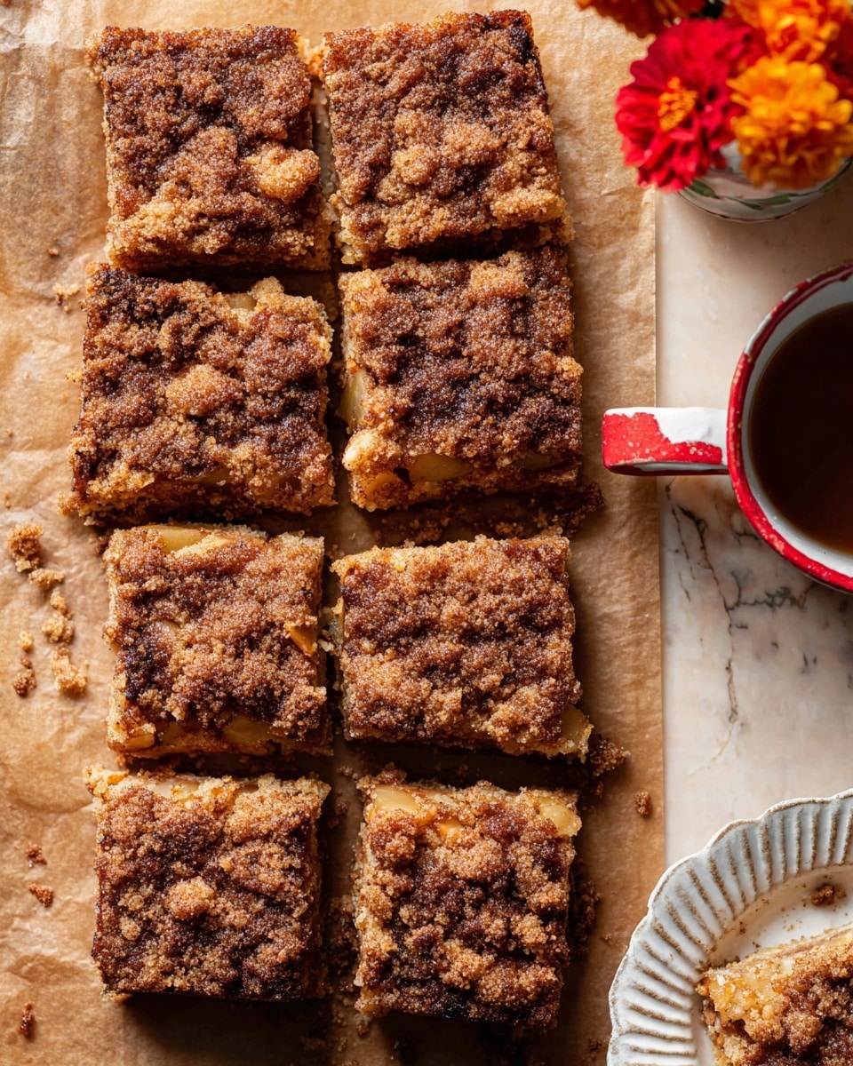 The image shows a close-up view of nine square dessert bars arranged in a loose three-by-three grid on brown parchment paper. Each bar has a thick, crumbly top layer with a dark brown, cinnamon-like texture sprinkled all over. Below that top layer, a lighter, golden-brown base layer is visible, with hints of chunks of apple or similar fruit inside. The dessert bars have uneven edges, giving them a rustic look. To the top right, there is a white mug with a red handle filled with orange and red flowers, all placed on a white marbled surface. At the bottom right corner, part of a white, fluted plate is visible, holding some crumbs and an extra piece of the dessert. photo taken with an iphone --ar 4:5 --v 7