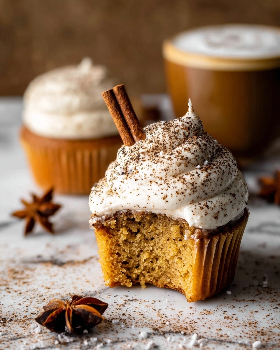 A close-up of a cupcake with one layer of light brown cake topped with a tall swirl of creamy beige frosting sprinkled with fine brown cinnamon powder, and garnished with a single vertical cinnamon stick in the center. The cupcake sits on a surface dusted with white and brown sugar granules and powdered spices. Nearby, there is a star anise with textured dark brown petals, slightly blurred. In the background, there is another cupcake with similar frosting and a white cup filled with frothy coffee decorated with star anise, all set on a white marbled texture. Photo taken with an iphone --ar 4:5 --v 7