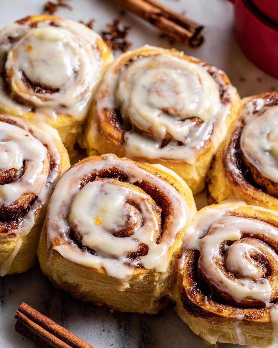 A close-up view of six cinnamon rolls placed close together on a white marbled surface, each roll showing a spiral pattern of golden brown dough with a dark cinnamon sugar filling inside. The rolls are thickly coated with creamy white icing that has a smooth, slightly glossy texture, dripping gently over the sides and filling some gaps between the rolls. In the background, a few cinnamon sticks and a red cup handle are partly visible but blurred. photo taken with an iphone --ar 4:5 --v 7