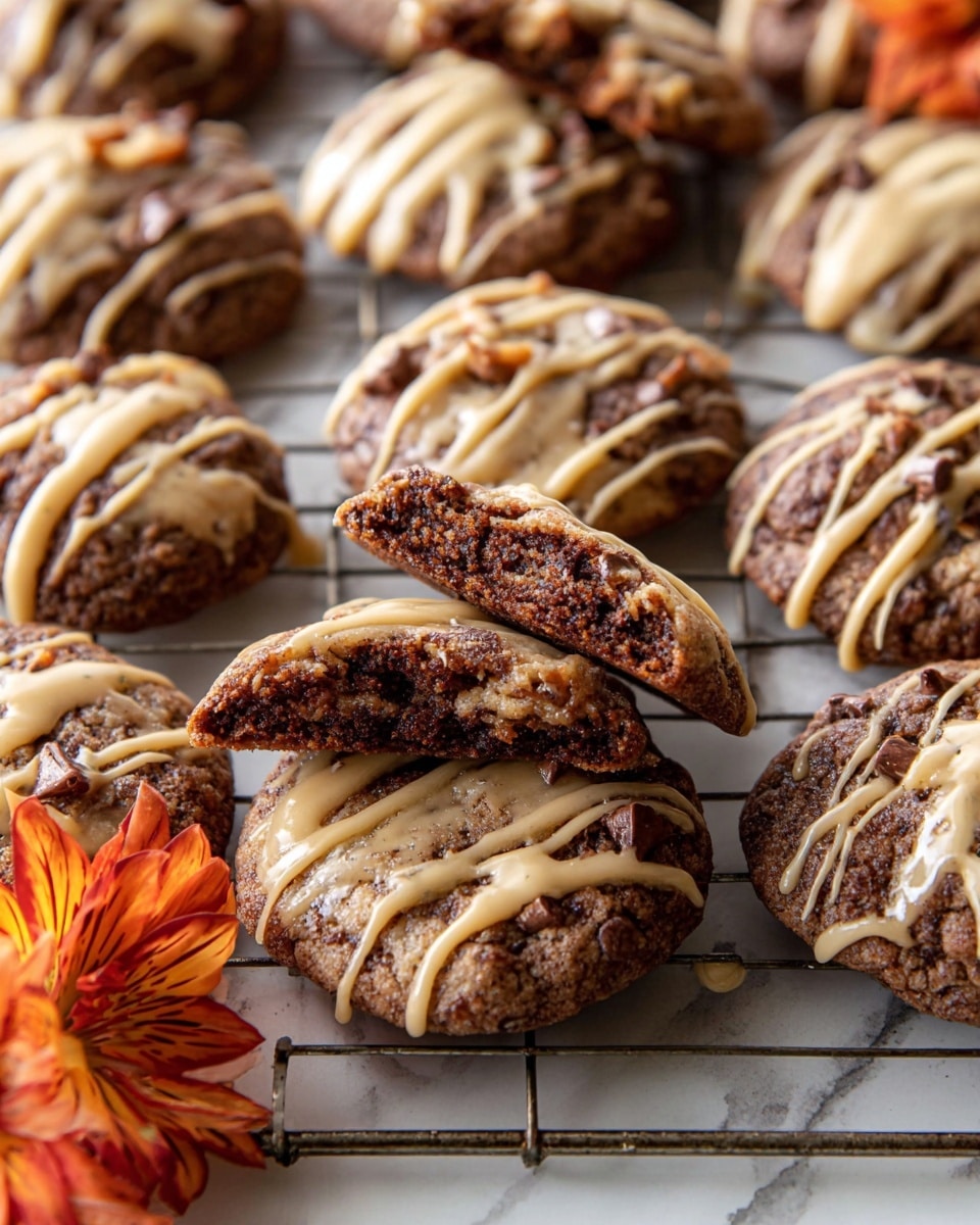 A close-up view of many round cookies stacked in small piles on a metal cooling rack, each cookie showing a textured, slightly crispy brown surface with dark spots from ingredients inside, some cookies drizzled with a light beige glaze in uneven stripes and blobs on top, and a small bunch of orange flowers placed as decoration on the rack, all set against a white marbled surface photo taken with an iphone --ar 4:5 --v 7