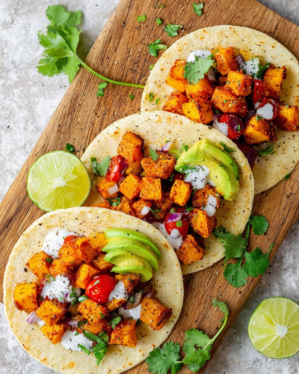 A soft, light yellow corn tortilla lies flat on a white marbled surface, topped with several layers: bright orange roasted pumpkin pieces with a slightly charred texture form the base, scattered with halved, shiny red cherry tomatoes, small diced purple onion, and thin slices of creamy green avocado placed to one side. There is a drizzle of white sauce over the top, adding contrast, and small finely chopped green herbs sprinkled throughout. The scene shows more tortillas with similar toppings out of focus in the background on a wooden board, along with lime wedges and sprigs of green herbs, evoking fresh and vibrant flavors. Photo taken with an iphone --ar 4:5 --v 7