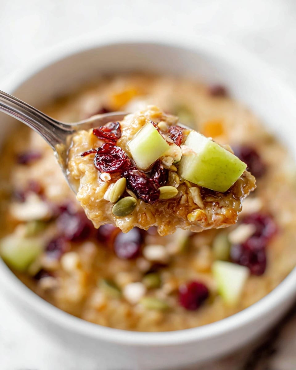 A white bowl filled with a creamy light brown base layer topped with a neat row of whole pecans, diced green apple pieces, dried red cranberries, pumpkin seeds, and some scattered oats. The toppings are arranged in horizontal sections across the middle of the bowl, creating a colorful and textured look. The bowl sits on a burlap cloth over a white marbled surface, with soft natural light from the side highlighting the fresh ingredients. Photo taken with an iphone --ar 4:5 --v 7