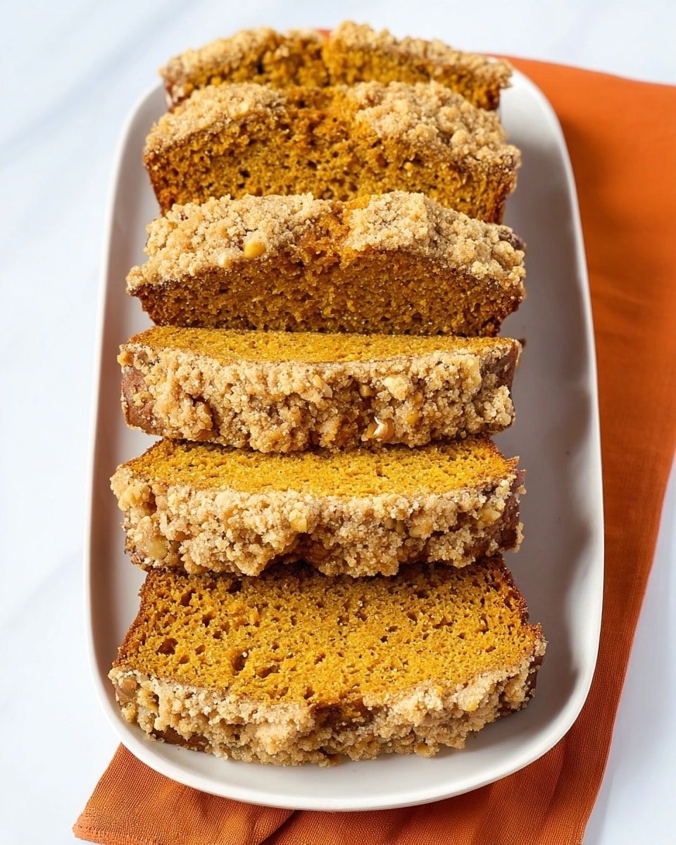 Four thick slices of pumpkin bread are stacked neatly on a white oval plate. Each slice shows a dense, moist texture with a warm orange-brown color and small bits of nuts inside. The top of every slice has a crumbly streusel layer that is light brown and slightly cracked, adding a rough texture contrast to the smooth bread below. The plate sits on a folded orange cloth on a white marbled surface. photo taken with an iphone --ar 4:5 --v 7