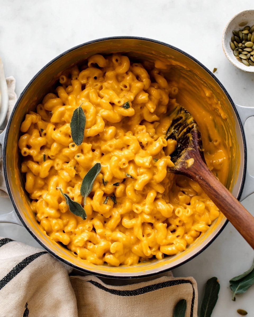 A large gray cooking pot filled with curly macaroni pasta coated in thick, bright orange cheese sauce, with a wooden spoon partially submerged in the pasta, some sauce sticking to the spoon. Three small green herb leaves are scattered on top, adding a fresh touch to the creamy, hearty macaroni. The pot sits on a white marbled surface with a beige cloth napkin with black stripes and a small white bowl with green seeds and an herb leaf visible nearby. Photo taken with an iphone --ar 4:5 --v 7
