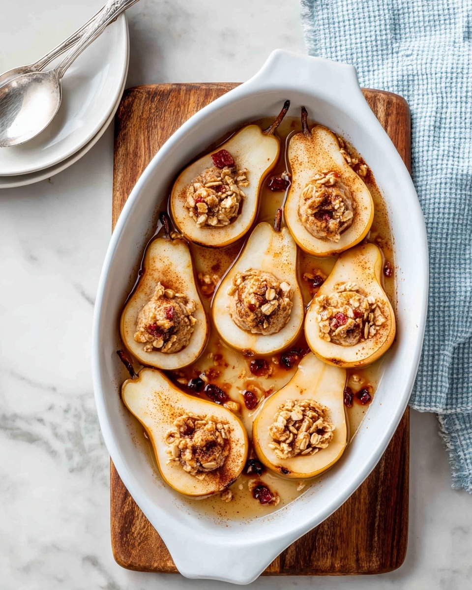 A white oval dish contains eight pear halves arranged next to each other, each pear is light yellow with brown edges. Each pear half has a scoop in the middle filled with granola, some with small red dried berries mixed in. A thin brown sauce lightly covers parts of the pears and the dish, with a light dusting of brown spice, likely cinnamon, on the pears. The dish rests on a wooden board placed on a white marbled surface. A white plate with a silver spoon is partially visible to the left, and a light blue checkered cloth is partially seen to the right edge. Photo taken with an iphone --ar 4:5 --v 7