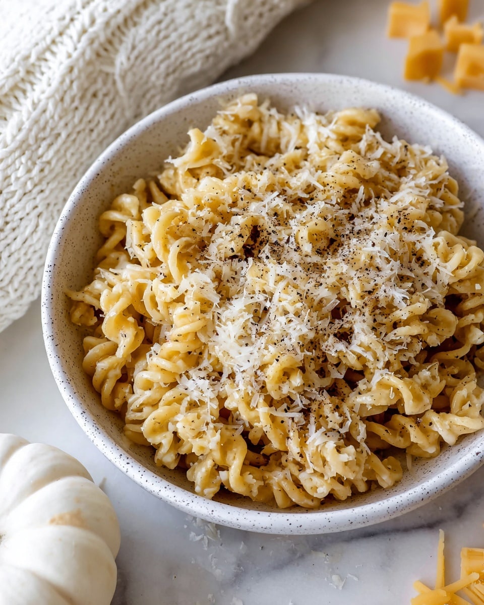 A close-up view of a blue handled pot filled with curly pasta coated in a creamy orange sauce. The pasta is topped with a sprinkle of coarse black pepper, showing a mix of light yellow and orange shades across the wavy edges and spiral shapes. The pot has a worn look, and the sauce clings to the sides of the pot. The background is a white marbled texture. photo taken with an iphone --ar 4:5 --v 7