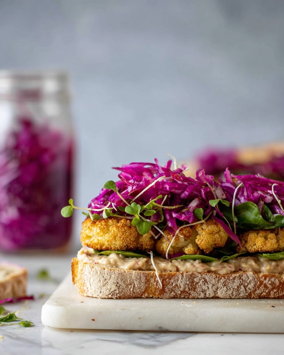 The sandwich sits on a white marbled surface, with three main layers starting from the bottom: a soft, light brown bun base, a spread of creamy beige sauce, and a fresh layer of mixed green leafy sprouts. On top of the greens, there are two thick, golden brown breaded patties with a crunchy texture. The final layer is a generous heap of bright purple shredded cabbage, giving a fresh and colorful finish. In the background, there is a clear glass jar filled with more of the purple cabbage, slightly out of focus. photo taken with an iphone --ar 4:5 --v 7