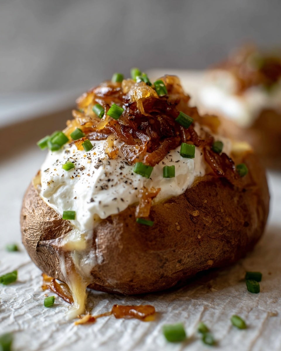 This image shows a roasted sweet potato with three clear layers. The bottom layer is the brown, slightly wrinkled sweet potato skin with a rough texture. The middle layer is melted white cheese that is soft and creamy, oozing a little down the sides of the potato. The top layer is golden brown caramelized onions piled high, shiny and slightly wet with visible thin onion strands. The potato is on a baking tray with some burnt bits and crumbs around it, set against a white marbled texture background. photo taken with an iphone --ar 4:5 --v 7