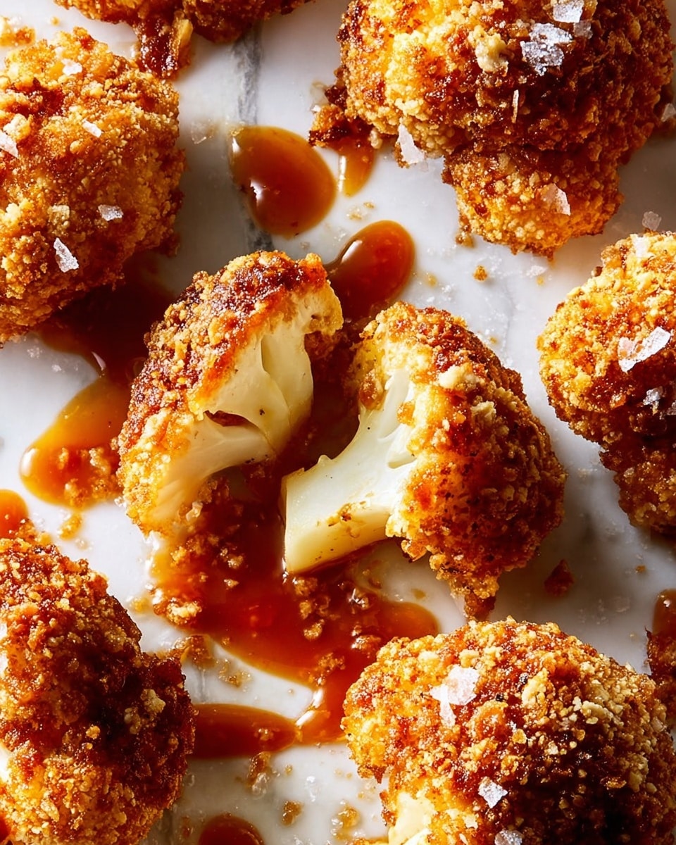 The image shows many golden-brown crispy cauliflower bites arranged on white parchment paper over a white marbled surface. Each piece has a crunchy textured coating with uneven crumb bits, and two cauliflower pieces are cut in half, revealing the soft white interior with smooth, curved shapes. A red sauce with a smooth, glossy texture is poured over several bites, pooling on the paper. A woman's hand is dipping one cauliflower bite into a small glass bowl filled with the same red sauce, placed near the top right corner. Next to it is a small white bowl with coarse salt visible. The overall look is crunchy, saucy, and warm with a contrast between the crispy outer layer and the soft inside. Photo taken with an iphone --ar 4:5 --v 7
