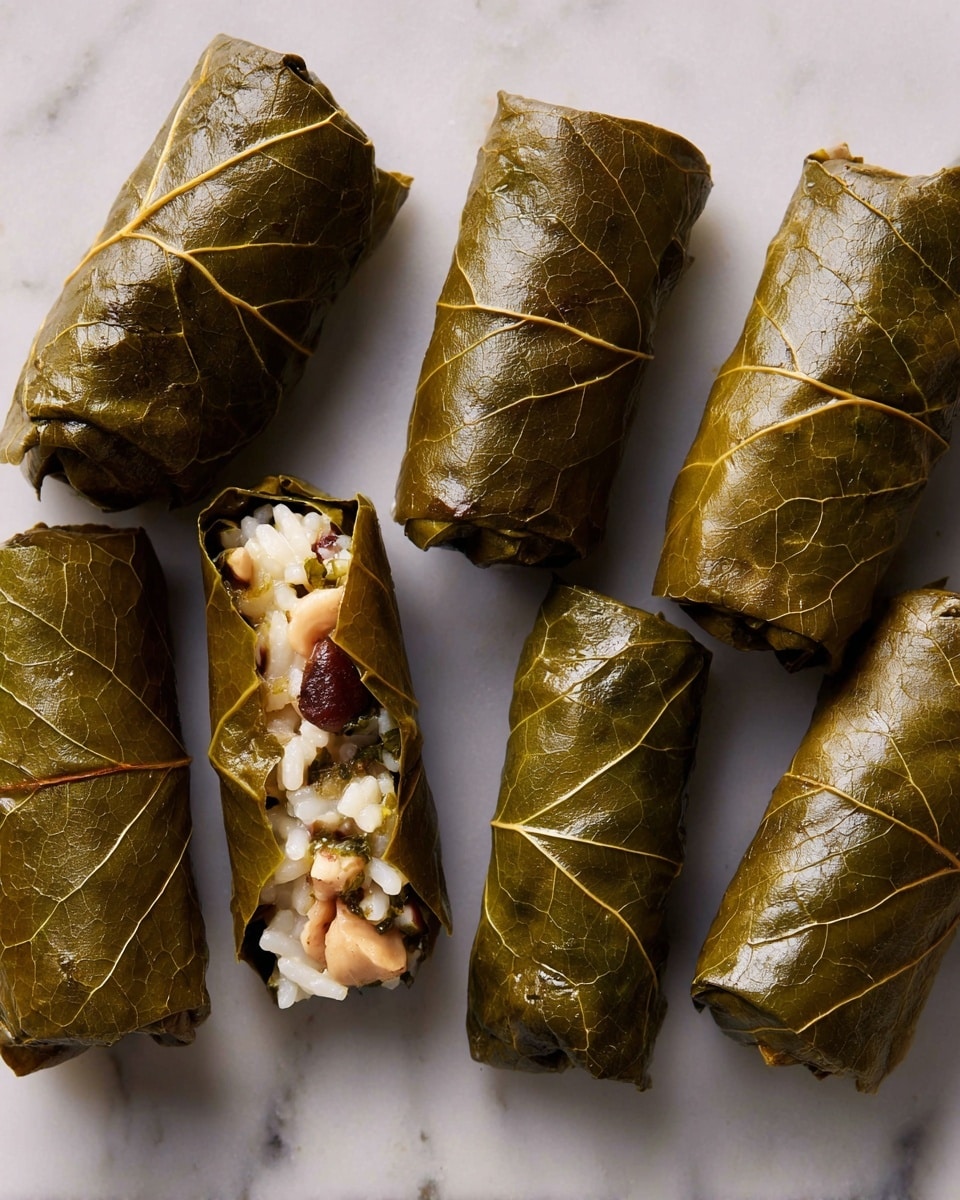 The image shows six stuffed grape leaves arranged in a line on a white marbled surface. Each grape leaf is wrapped tightly around a mixture of white rice and pine nuts that peek out from a few of the rolls. The grape leaves have a shiny, dark green-brown color with visible leaf veins. Two grape leaves are slightly open, revealing the soft, white rice filling inside. The texture of the grape leaves is smooth and moist, giving a glossy look overall. Photo taken with an iphone --ar 4:5 --v 7