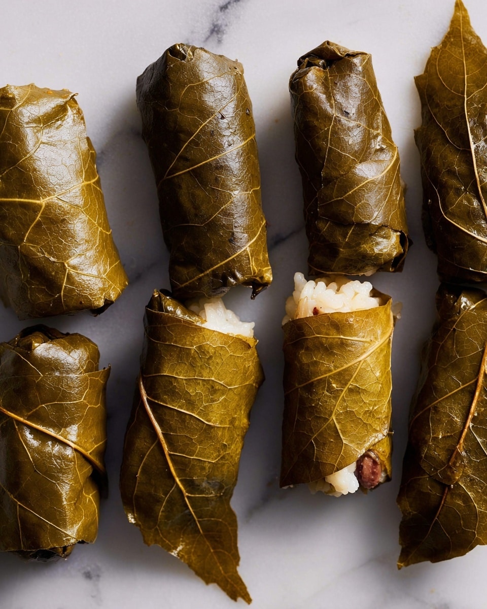 Six grape leaf rolls are lined up on a white marbled surface, showing a shiny, greenish-brown leaf wrapping with clear vein patterns. Two of the rolls are open at one end, revealing a filling of white rice mixed with light brown pine nuts and tiny bits of dark-colored ingredients. The rolls are cylindrical, slightly irregular in shape, and tightly wrapped, creating a smooth surface with subtle folds along the leaves. Photo taken with an iphone --ar 4:5 --v 7