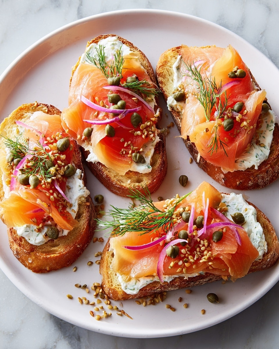A white plate holds four toasted bread slices, each topped with three visible layers: a creamy white spread mixed with green herbs covering the bread, thin soft orange-pink smoked salmon slices arranged loosely on top, and garnished with small green capers, purple onion strips, mustard seeds, and fresh green dill sprigs. The bread is golden brown and crispy, and the whole dish sits on a white marbled surface. photo taken with an iphone --ar 4:5 --v 7