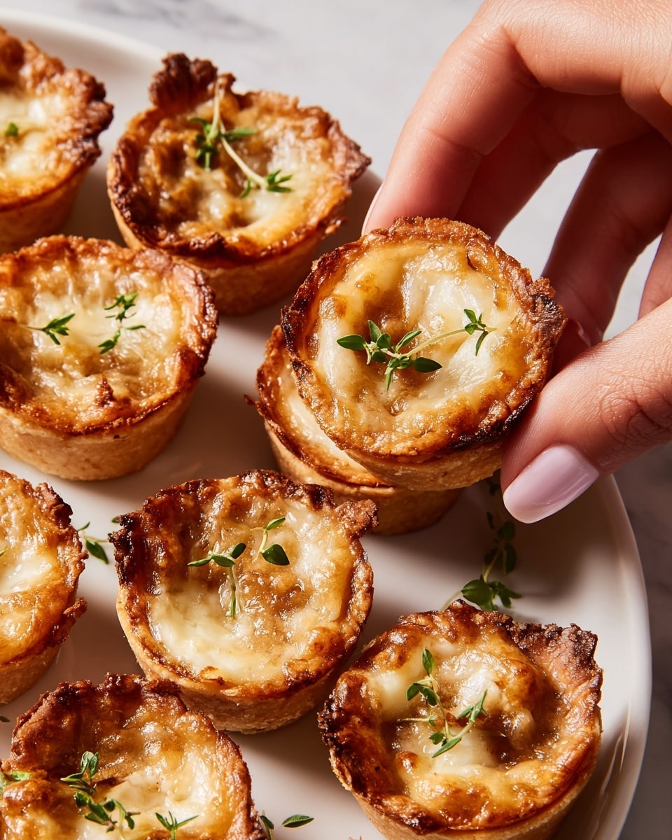 The image shows several small golden-brown tartlets arranged on a white marbled surface. Each tartlet has a slightly crispy crust forming the outer layer, with a soft, caramelized onion filling inside that is light brown and glossy. Small green herb leaves are scattered on top of each tartlet, adding a fresh contrast to the warm tones. One tartlet in the center is broken in half, revealing the thick, chunky onion filling inside. The overall look is inviting with a mix of textures: crispy crust edges, smooth melted cheese, and tender onions, all on a clean white plate. photo taken with an iphone --ar 4:5 --v 7