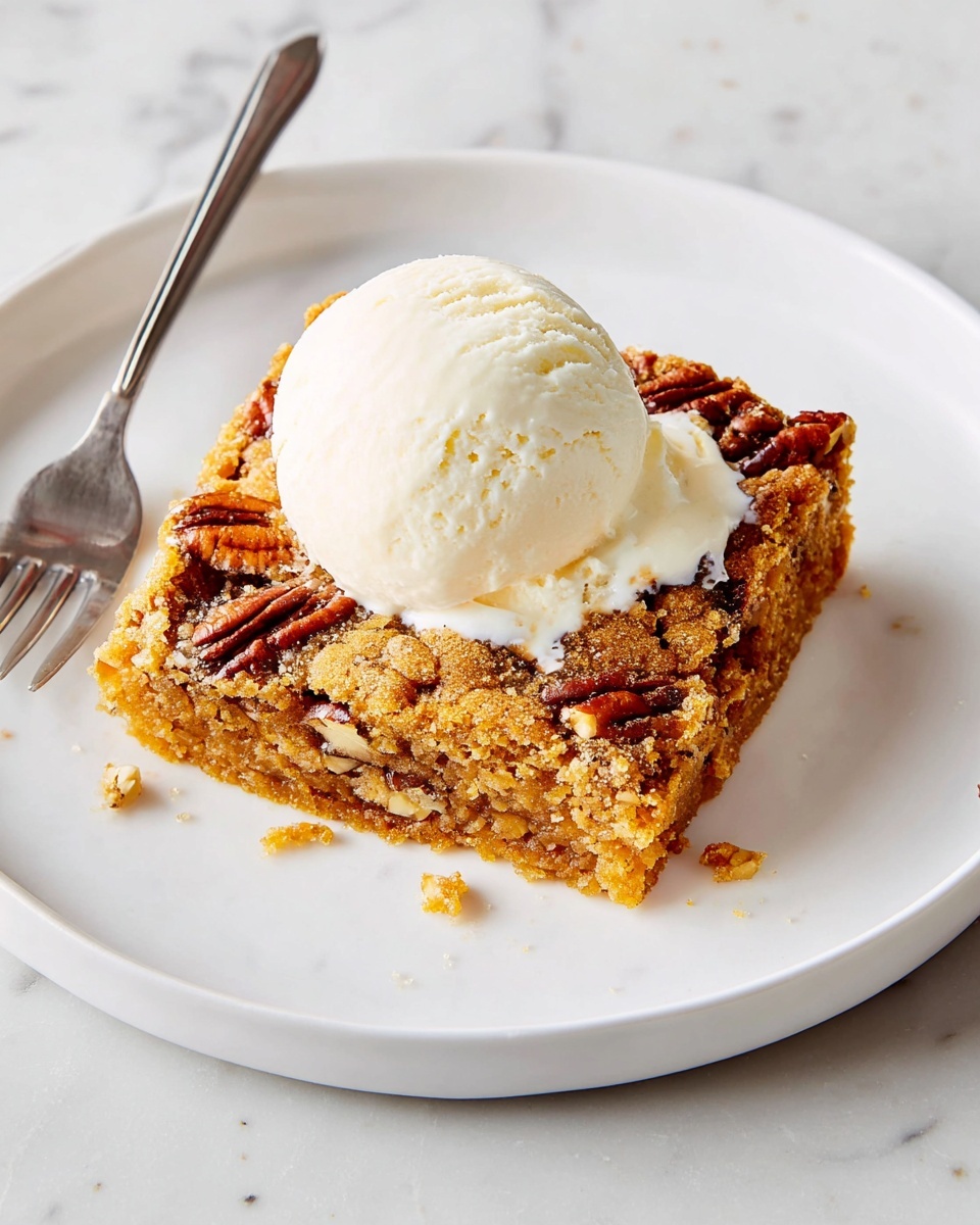 A white plate holds a single square piece of a golden brown cake with a crumbly texture, topped with chopped pecans scattered on the surface. On top of the cake, there is a large dollop of smooth, white cream. The plate is placed on a white marbled surface. photo taken with an iphone --ar 4:5 --v 7