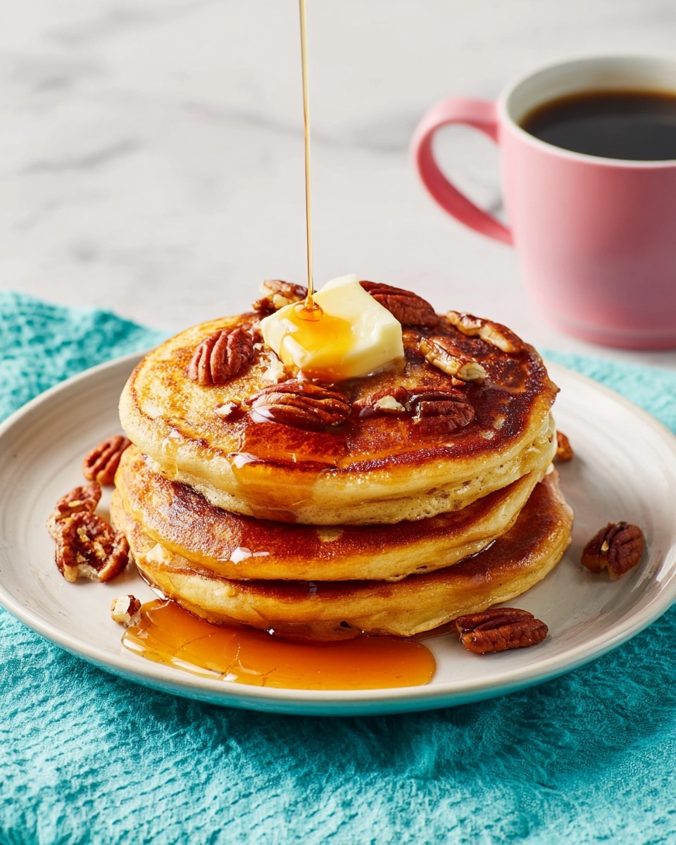 A stack of three thick, golden-brown pancakes sits on a white plate, each pancake showing a lightly crispy edge and fluffy texture with small air pockets. On top, a dollop of melting butter is centered, while honey is being poured over the stack, dripping down the sides. Scattered around and on top of the pancakes are whole pecan nuts, adding a rich brown contrast. The background is a white marbled surface, with a pink cup filled with dark coffee to the right side of the plate and a light turquoise textured cloth in the lower left corner. Photo taken with an iphone --ar 4:5 --v 7