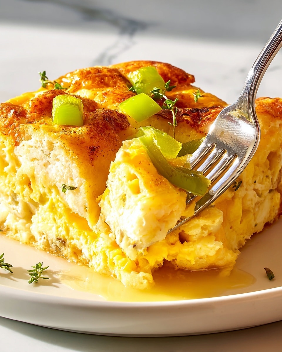 The image shows a thick slice of baked egg casserole on a white plate, placed on a white marbled surface. The casserole has three main layers: the bottom layer is soft, yellow scrambled eggs, topped with a middle layer of fluffy baked egg with a slightly golden crust. The top layer is golden brown and looks slightly crispy, sprinkled with small cubes of green bell pepper and some green herb leaves. A silver fork is pressing down into the casserole from the top left side, touching a green bell pepper cube. There is a bit of melted egg liquid pooling at the base of the slice. The lighting is bright and natural, showing clear textures and warm colors. Photo taken with an iphone --ar 4:5 --v 7