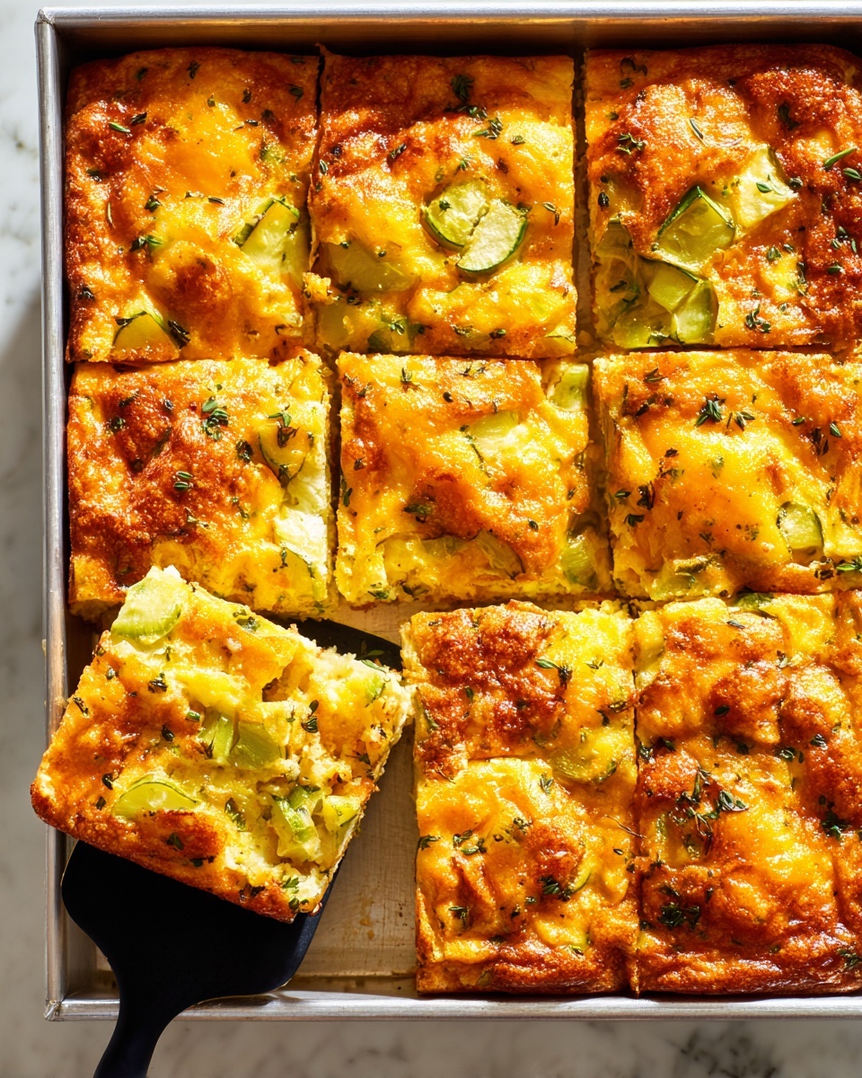 A square metal baking pan filled with a golden brown baked dish, cut into 9 square pieces. The dish has a slightly crispy top layer with a rich golden color and uneven texture. Inside, chunks of light green vegetables are scattered, surrounded by a soft, yellow-orange baked mixture. Small green herb leaves are sprinkled on top, adding a fresh touch. One piece is lifted by a black spatula showing a fluffy, moist inside with the same yellow and green mix. The pan is placed on a white marbled surface photo taken with an iphone --ar 4:5 --v 7
