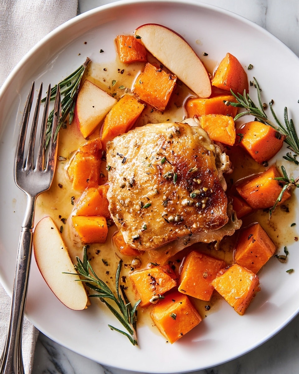 On a white plate, there is one golden-brown cooked piece of chicken thigh with crispy skin sitting near the center. Around it, you'll see orange cubes of sweet potatoes and thin slices of light red apple with skin on, both coated in a shiny mustard seed sauce with visible mustard seeds and black pepper. Small sprigs of green rosemary are scattered around the sweet potatoes and apple slices, adding a fresh look. To the left, a silver fork with a slice of apple on its tines rests on the plate. All of this is set on a white marbled surface. photo taken with an iphone --ar 4:5 --v 7