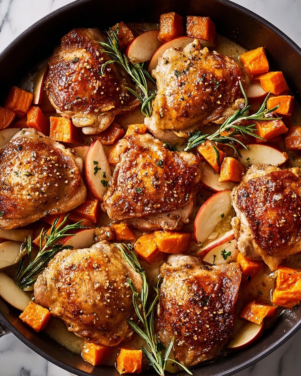 A black pan filled with six golden brown cooked chicken pieces placed on top of and among small orange cubes of sweet potatoes and light cream apple slices with red skin edges, all coated with a shiny glaze sprinkled with mustard seeds; green rosemary sprigs are scattered around, adding texture and color contrast. The background is a white marbled surface. photo taken with an iphone --ar 4:5 --v 7