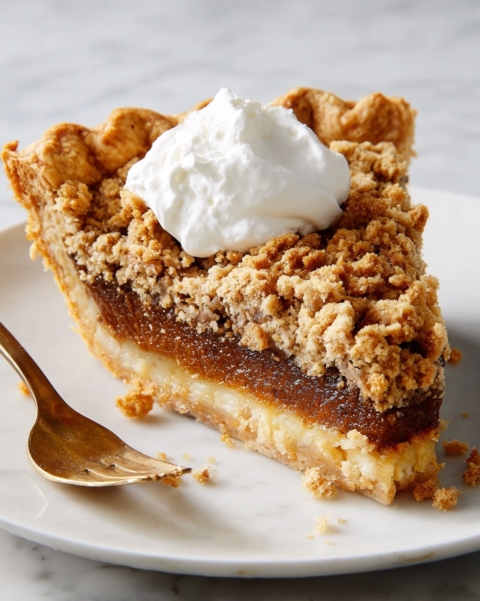 A slice of pie with three visible layers, starting with a light golden crust at the bottom that looks firm and slightly thick, a thick middle layer of deep brown filling with a smooth texture, and a thick crumbly golden-brown streusel topping with oat pieces for crunch. A dollop of white whipped cream sits on top of the pie near the crust. A shiny silver fork holds a piece of pie with a bit of cream on it, resting on a white plate with a thin brown rim, all placed on a white marbled surface. Photo taken with an iphone --ar 4:5 --v 7