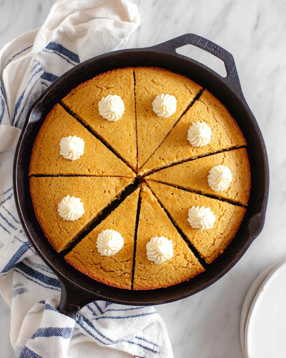 The image shows two white plates each holding a single triangular slice of golden brown cornbread with a smooth, slightly crumbly texture. Each slice has a small dollop of creamy white butter on top. One plate has a silver fork resting beside the slice, while the other plate has a similar fork with a small piece of cornbread on its tines. In the top right corner, a cast iron skillet contains the remaining cornbread, cut into triangular sections with a butter dollop on one piece. The background surface is a white marbled texture. Photo taken with an iphone --ar 4:5 --v 7