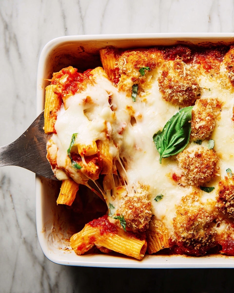 A white rectangular baking dish filled with a layered pasta bake showing three visible layers: the bottom layer is rigatoni pasta in red tomato sauce, the middle layer is melted mozzarella cheese stretching as a portion is being lifted, and the top layer is a golden-browned cheese crust sprinkled with grated cheese and fresh green basil leaves scattered on top, all set on a white marbled surface. Photo taken with an iphone --ar 4:5 --v 7