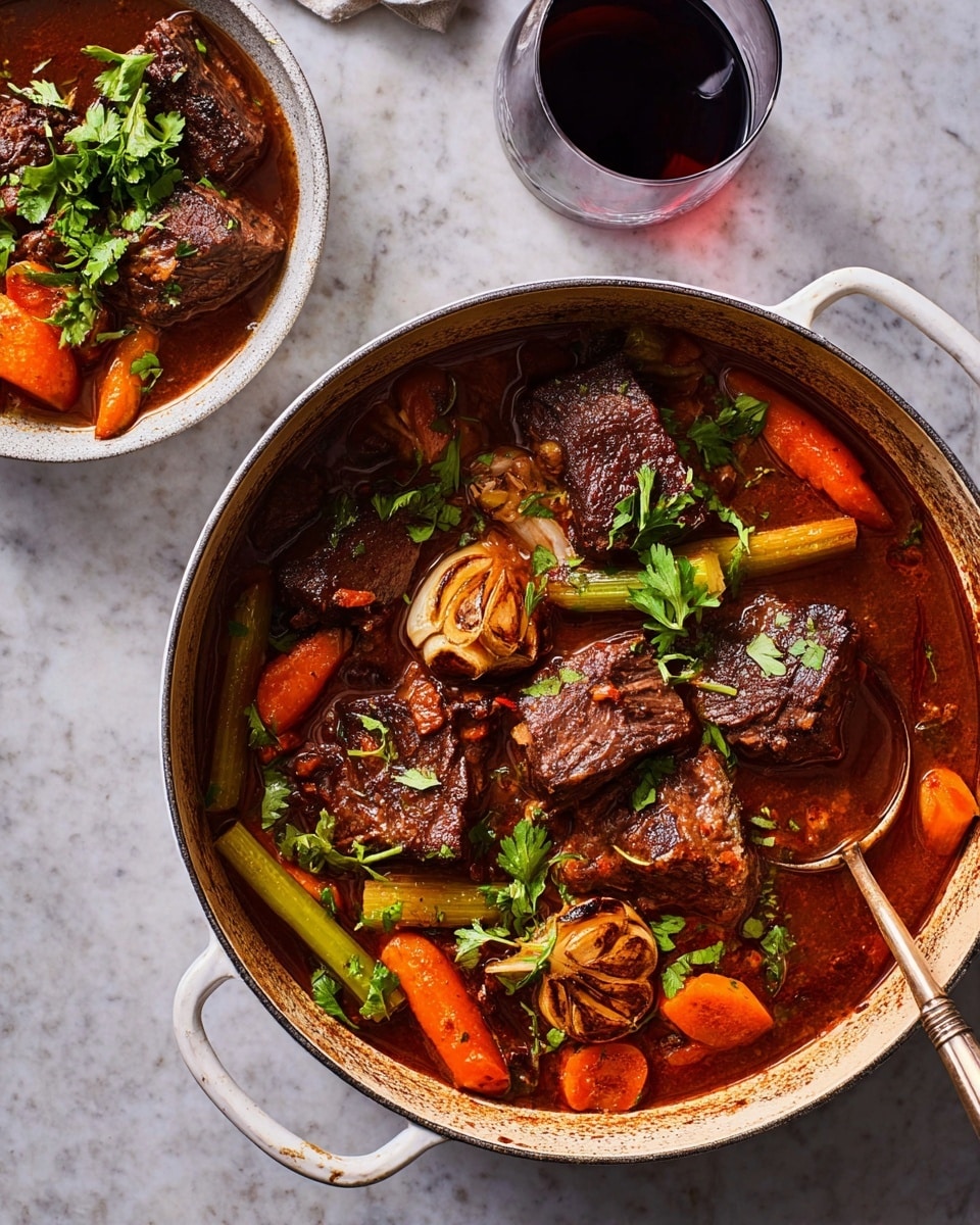 A large white pot filled with a rich, dark brown stew showing several thick chunks of meat with a slightly textured surface, surrounded by bright orange carrot pieces and light green celery sticks in a deep red sauce. In the stew, there are two halved heads of roasted garlic showing a darkened, soft interior. Fresh green parsley leaves are scattered on top, adding color contrast. A bronze spoon rests inside the pot, angled toward the center. Next to the pot is a glass filled with dark red wine, and above it, a white bowl contains a serving of the stew with a chunk of meat, carrot, and celery, garnished with green parsley. The setting is on a white marbled surface. Photo taken with an iphone --ar 4:5 --v 7