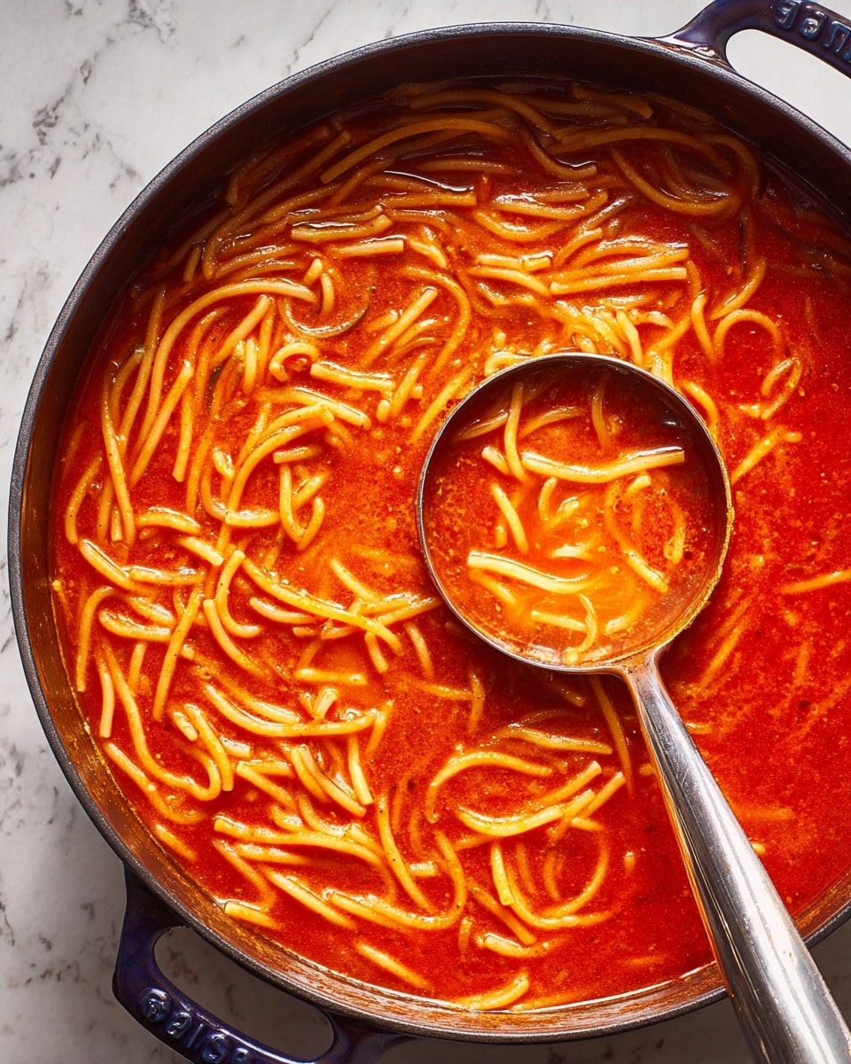 A large dark-colored pot filled with a thick red tomato soup with many short, thin pasta strands swirling throughout. In the center, a shiny metal ladle holds a scoop of the soup, showing the soup's smooth texture and pasta inside. The pot sits on a surface with a white marbled texture. Photo taken with an iphone --ar 4:5 --v 7