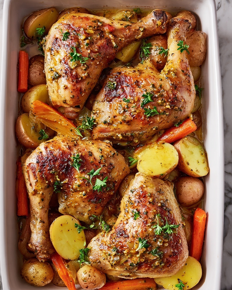 A white rectangular baking dish holds three large roasted chicken legs on the top layer, each coated with a grainy mustard sauce and garnished with small green herb leaves, possibly parsley. The chicken skin is golden brown with some darker charred spots, showing a juicy, slightly crispy texture. Beneath and around the chicken legs, there is a second layer of roasted mixed vegetables including halved small potatoes with both yellow and brown skins, and long, thin orange carrot sticks. The dish sits on a white marbled surface. Photo taken with an iphone --ar 4:5 --v 7