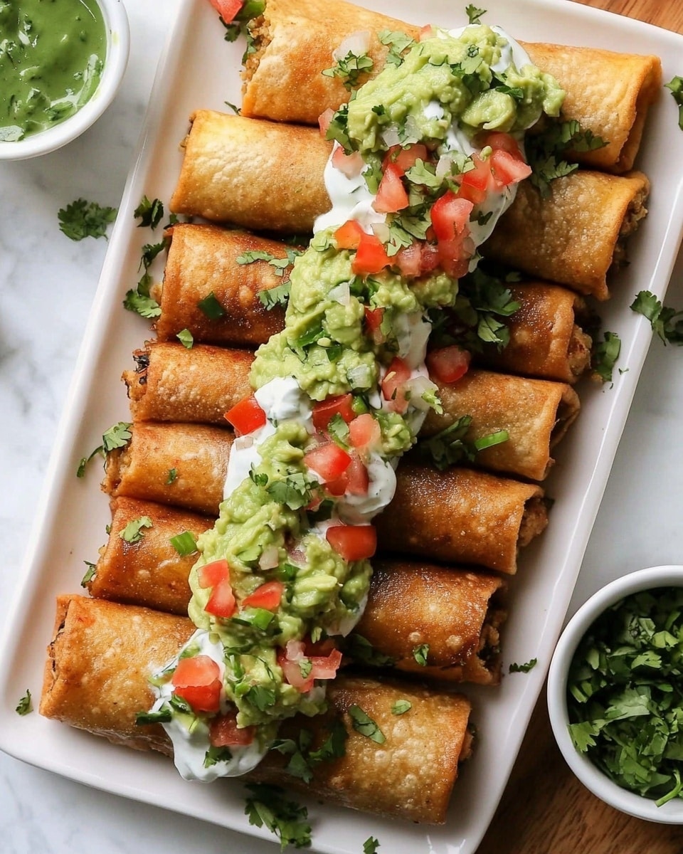 A white rectangular plate holds two rows of golden brown, crispy rolled tacos, tightly packed side by side. On top, there is a white creamy sauce spread unevenly over the middle of the tacos. Bright green dollops of smooth guacamole sit on the sauce in three places along the plate. Fresh pico de gallo, made of finely chopped red tomatoes, white onions, and green peppers, is sprinkled over the guacamole and creamy sauce, adding a mix of red, white, and green colors. Chopped green herbs are scattered on top and around the plate. Around the main plate, there are white bowls with creamy sauce and chopped green herbs. The dishes sit on a white marbled surface. Photo taken with an iphone --ar 4:5 --v 6.1