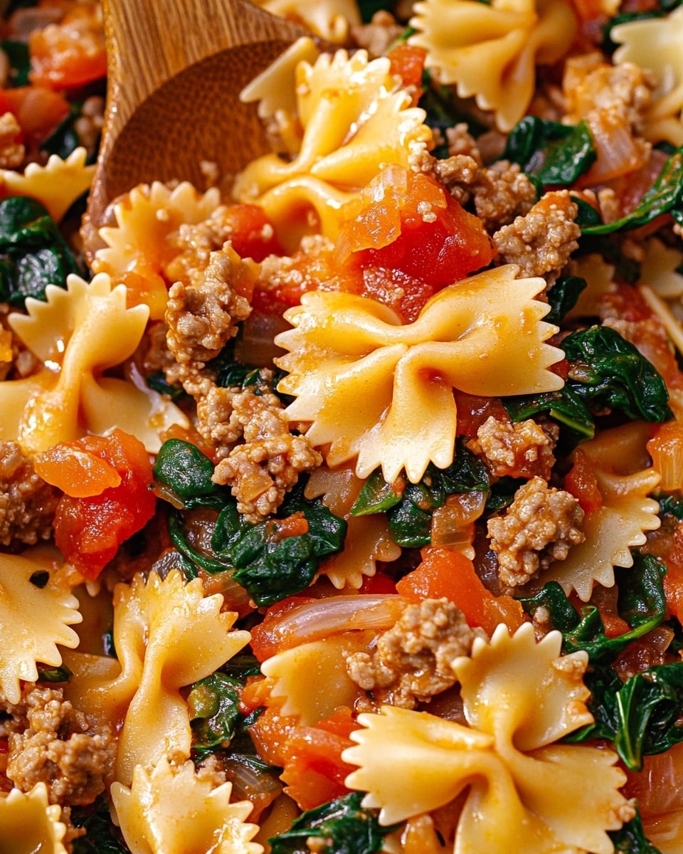 The image shows a close-up of a dish with three main layers: farfalle pasta, cooked ground meat, and sautéed spinach mixed with diced tomatoes and onions. The farfalle pasta pieces are light yellow and slightly glossy, tossed evenly throughout the dish. The ground meat is scattered in small browned chunks all over, blending with the bright red tomato pieces and dark green spinach leaves. The onions add small translucent bits, and the whole dish is topped with red chili flakes, adding small specks of red. A wooden spoon is partly visible stirring the layers. The dish is photographed on a white marbled surface. photo taken with an iphone --ar 4:5 --v 6.1