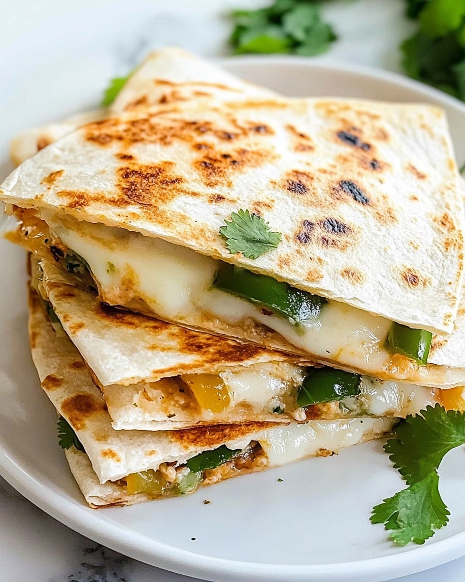 The image shows three stacked quesadilla triangles on a white plate with a white marbled background. Each quesadilla layer has a golden-brown toasted tortilla on top with some small darker spots and speckled black pepper, underneath melted white cheese oozes out in soft, shiny layers. There are green roasted pepper slices visible between the cheese and tortilla layers. Fresh green cilantro leaves are scattered on top and around the plate, adding a fresh pop of color. The overall look is warm, cheesy, and inviting. photo taken with an iphone --ar 4:5 --v 6.1