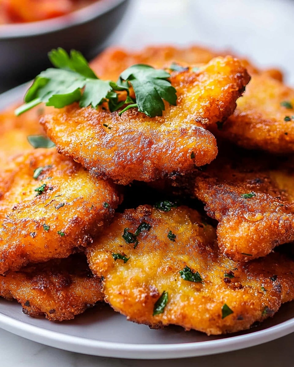 Several pieces of golden brown fried food are stacked on a white plate set on a white marbled surface. Each piece has a crispy, crunchy texture with small bits of green herbs sprinkled over them. The fried items are irregular in shape but mostly flat and slightly curved, showing some darker spots where the frying is more intense. At the top left corner of the plate, a small green leafy garnish adds a touch of color contrast. In the blurry background, a bowl with red and white ingredients is partially visible. Photo taken with an iphone --ar 4:5 --v 6.1