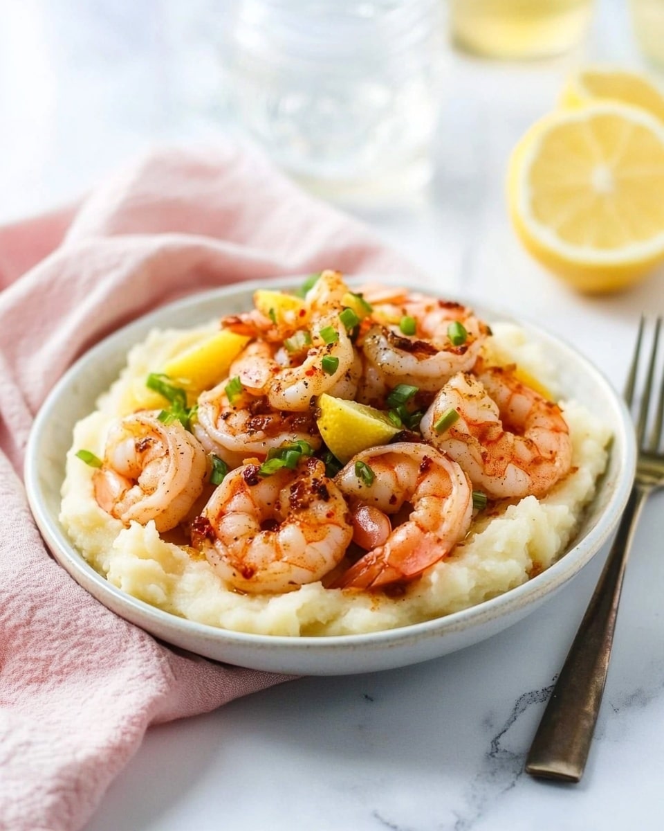 The dish shows a white round plate on a white marbled surface with a layer of creamy, white grits spread around the plate’s base. On top is a pile of cooked shrimp that are pink-orange, mixed with small pieces of reddish-brown bacon and bright green chopped scallions sprinkled over the shrimp. Two thin yellow lemon slices lie on one side of the shrimp. A silver fork with a white handle rests on the right edge of the plate. Nearby, a glass with ice and a lemon wedge and another glass filled with ice sit on the white marbled surface, next to a textured pink cloth. Photo taken with an iphone --ar 4:5 --v 6.1
