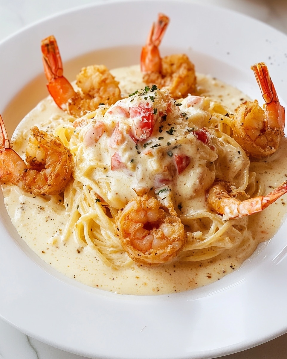 The image shows a white plate on a white marbled surface holding a creamy pasta dish with five golden-brown fried shrimp placed evenly around the edge of the plate. In the center is a small mound of thin pasta coated in a thick, white creamy sauce speckled with small green herbs and bits of red pepper. A silver fork with a small amount of pasta and sauce is held above the plate by a woman's hand, about to take a bite. Photo taken with an iphone --ar 4:5 --v 6.1