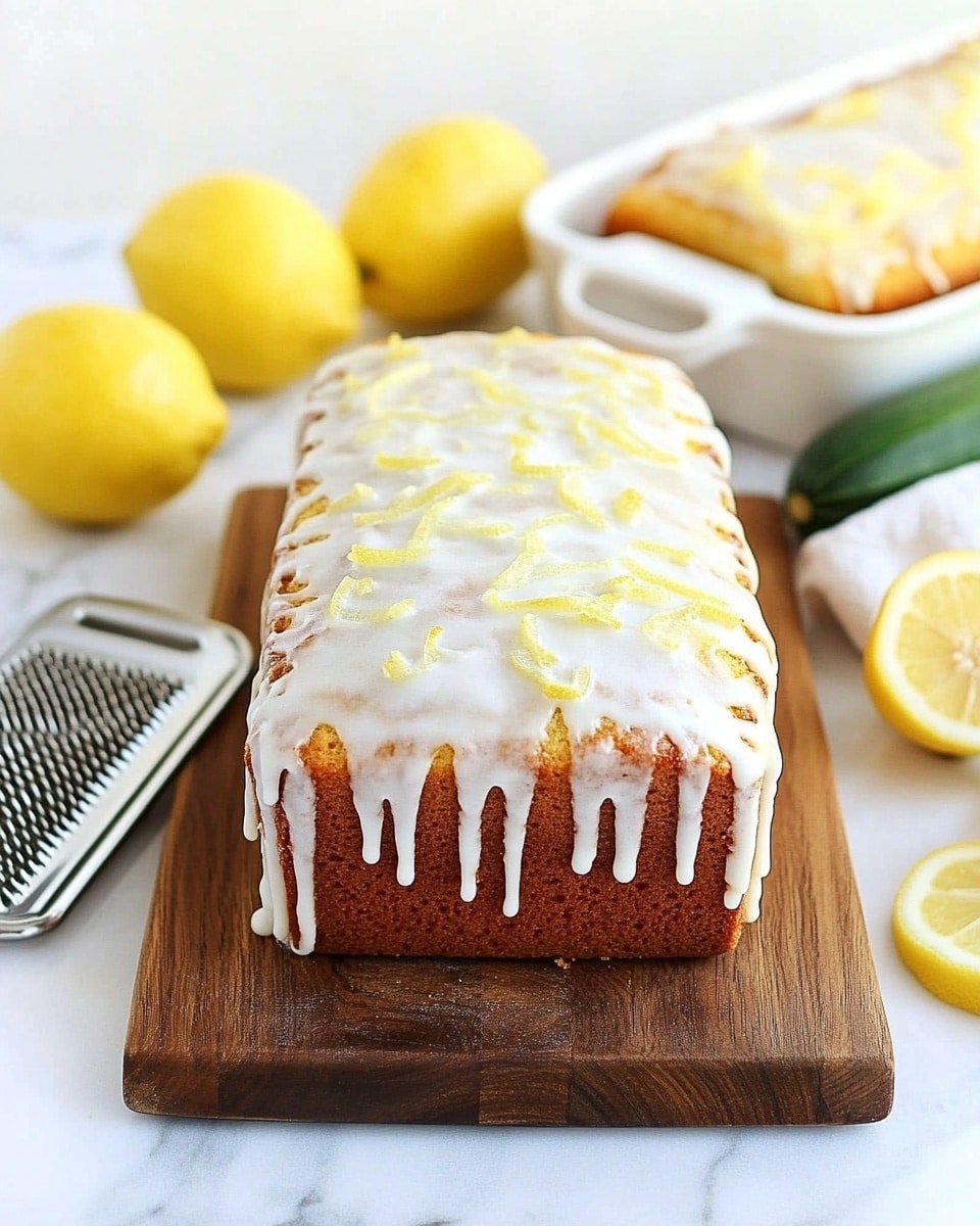 Two slices of light yellow zucchini bread with small green pieces inside are placed on a white plate. Each slice has a thin white icing layer on top. In the background, a white metal loaf pan filled with more zucchini bread covered with white icing is visible. There are two whole yellow lemons and two forks nearby on a white marbled surface. The scene is softly lit with a fresh and bright feel. Photo taken with an iphone --ar 4:5 --v 6.1