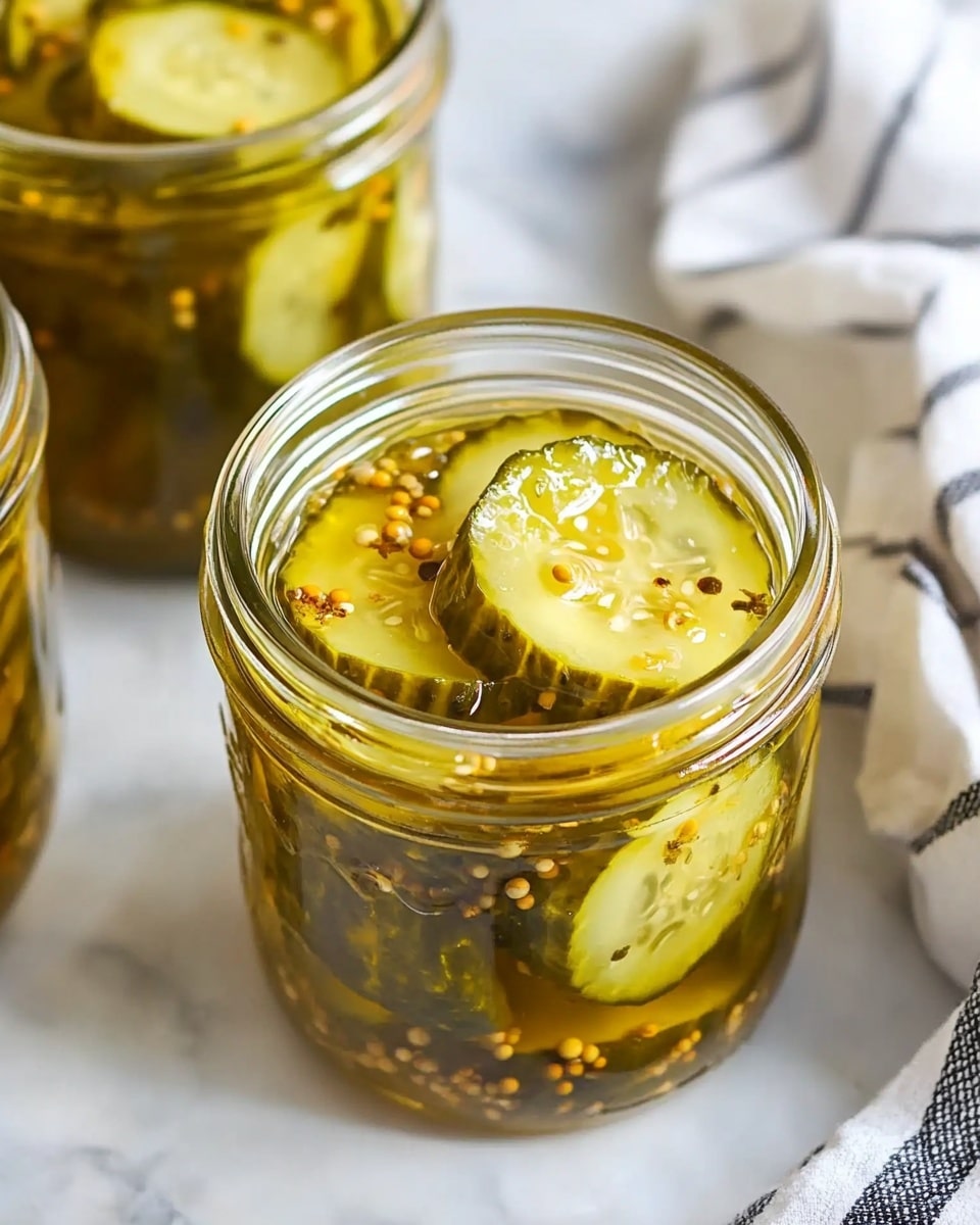 A clear glass jar filled with layers of sliced green pickles soaked in a yellow-green liquid with visible mustard seeds, placed in the center on a white marbled surface. Around it are three more sealed glass jars filled with the same sliced pickles and liquid, and a silver metal lid lies open beside the main jar showing a white underside. A textured white cloth is seen at the left edge of the image. The overall colors are green, yellow, and clear glass, with the background softly blurred. Photo taken with an iphone --ar 4:5 --v 6.1