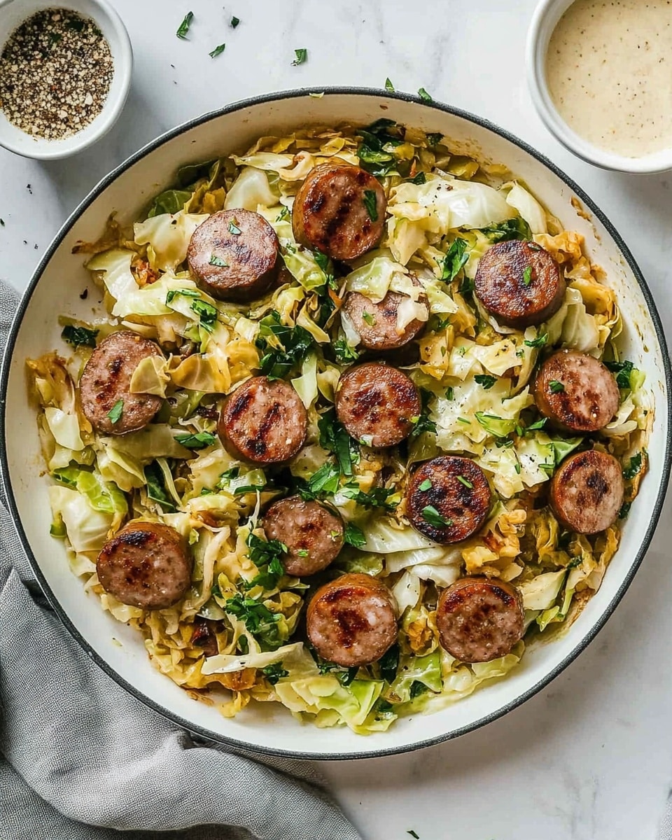 A metal pan filled with a cooked dish showing two main layers: a base of light yellow and green cabbage pieces with a soft texture, and scattered, round slices of browned sausage on top with a slightly crispy look. Small green herb pieces are sprinkled evenly across the dish. The pan sits on a white marbled surface. Next to the pan are two small white bowls, one with a light brown sauce and the other with a white creamy sauce, each with a smooth texture. A folded gray cloth with dark edges is placed partially under the pan. Photo taken with an iphone --ar 4:5 --v 6.1
