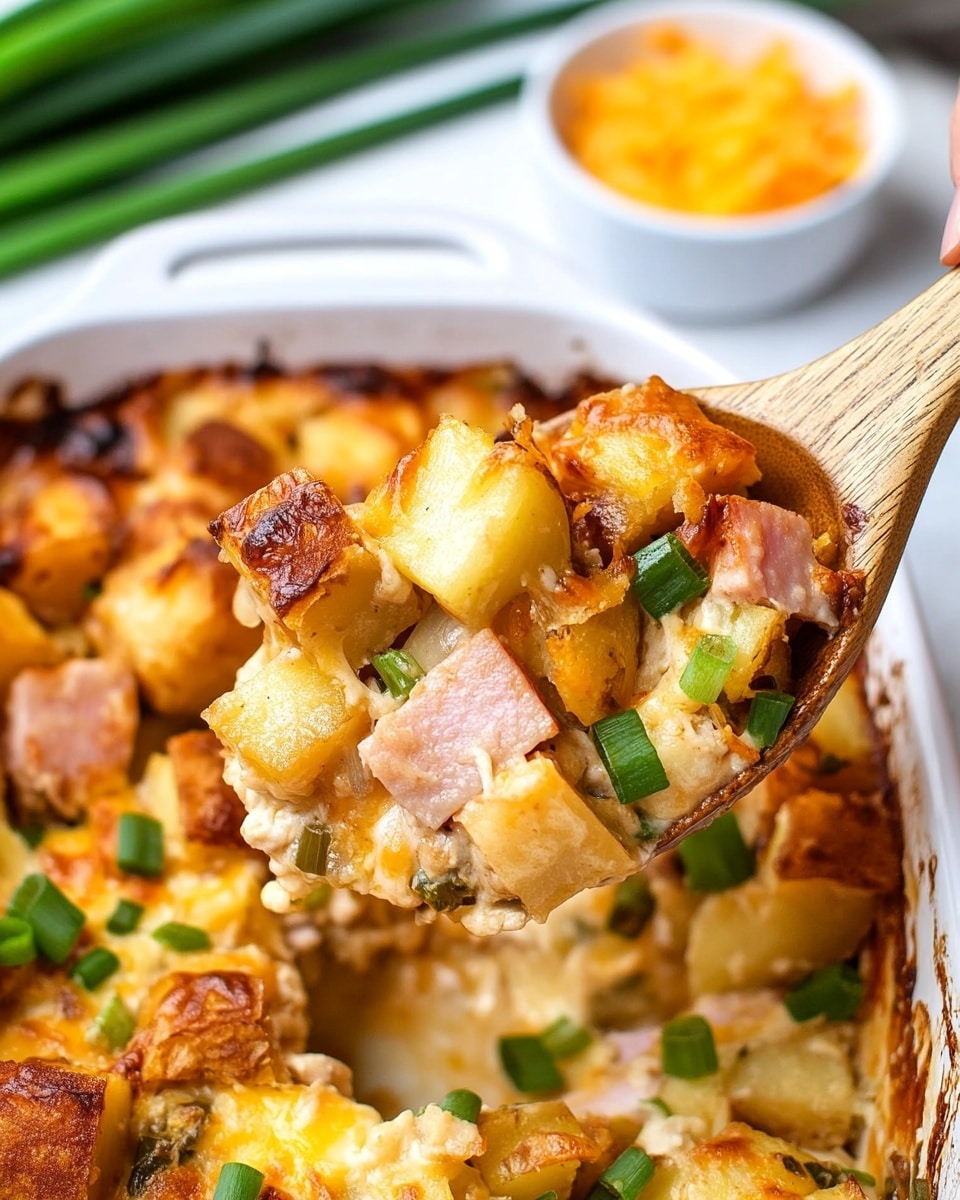 The image shows a white baking dish filled with a layered casserole. The bottom layer consists of golden-brown roasted potato cubes with a crispy texture. Scattered among the potatoes are small bits of cooked pink ham and chopped green onions, adding pops of color. The top layer is a melted blend of cheddar and mozzarella cheese, melting unevenly over the potatoes, ham, and onions with some browned spots creating a bubbly, golden crust. The dish is placed on a blue and white striped cloth, with fresh whole green onions in the background on a white marbled surface. Photo taken with an iphone --ar 4:5 --v 6.1