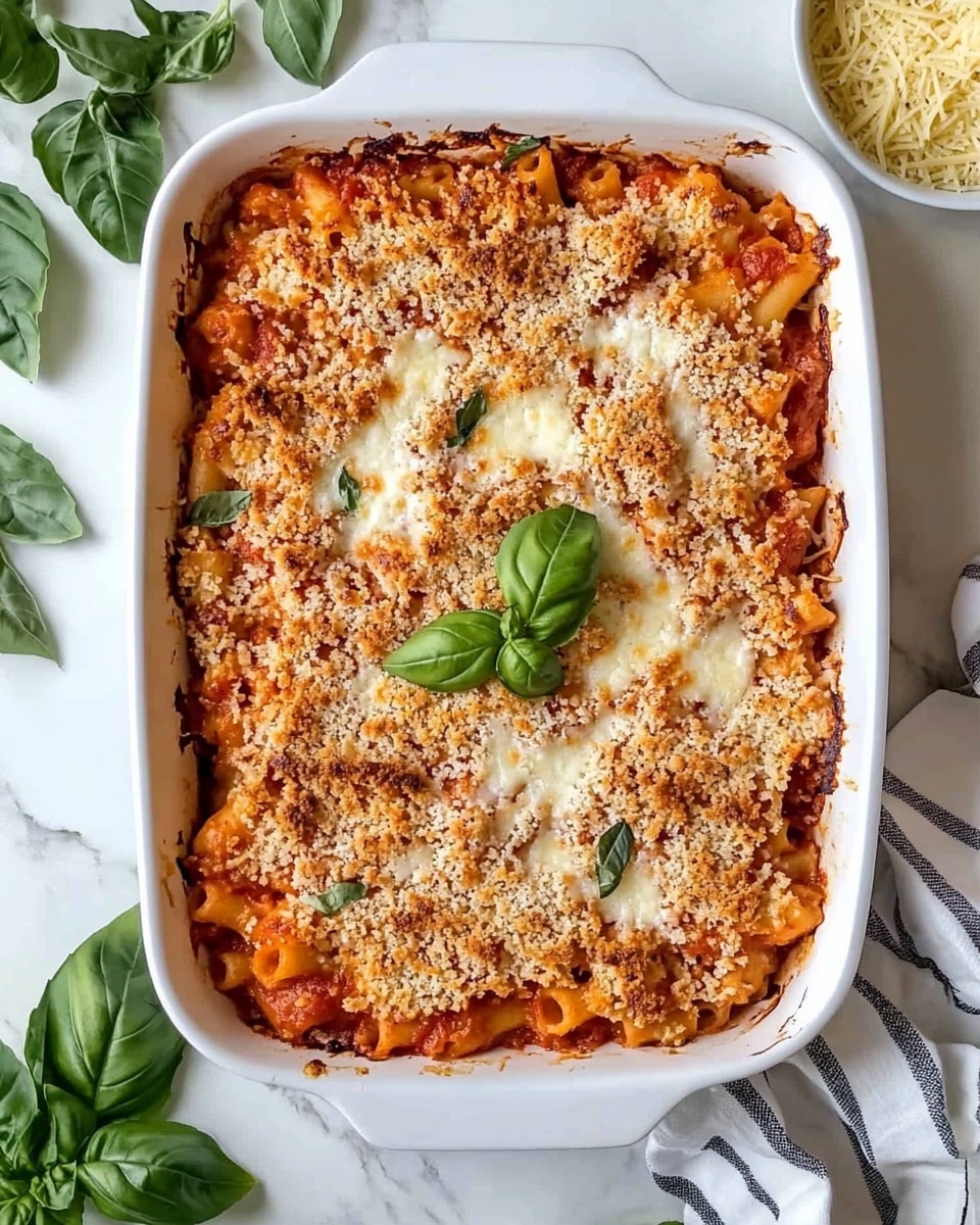 The image shows a close-up of baked pasta served in a ridged white bowl. The dish has two main layers visible: the bottom layer is rigatoni pasta coated in red tomato sauce, while the top layer has golden, slightly crispy bits of baked cheese and scattered grated cheese, giving a speckled white texture. There are green basil leaves on top adding a fresh color contrast. Around the bowl, there are loose basil leaves and a large chunk of hard cheese placed on a white marbled surface. In the back, a white baking dish filled with more baked pasta sits partially out of view, showing a similar texture and colors. A silver fork is placed inside the bowl as if ready for eating. Photo taken with an iphone --ar 4:5 --v 6.1