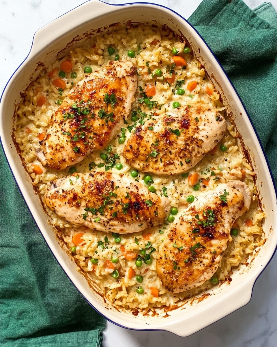 The dish is a white baking tray filled with a creamy rice casserole that has a mix of small diced orange carrots and green peas scattered throughout. On top, there are three large, golden-brown seasoned chicken fillets with a slightly crisp textured surface and sprinkled finely with chopped green herbs. The creamy rice mixture underneath has a slightly browned and textured look on top, showing it has been baked, and the casserole edges look golden with some crispy bits. A white serving spatula is lifting a portion from the tray, revealing the soft, creamy rice and vegetable layers beneath the chicken. The tray sits on a white marbled surface. Photo taken with an iphone --ar 4:5 --v 6.1