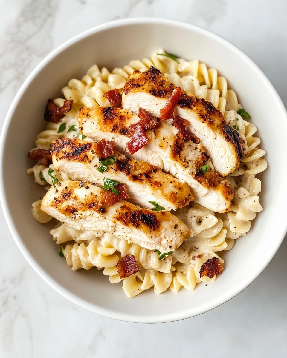 A white bowl is filled with creamy pasta and grilled chicken. The pasta is spiral-shaped and covered in thick white sauce, mixed with small pieces of crispy brown bacon. On top, there are several slices of grilled chicken with a light golden-brown color and visible seasoning. Small green parsley pieces are sprinkled over the dish. The bowl sits on a white marbled surface. photo taken with an iphone --ar 4:5 --v 6.1