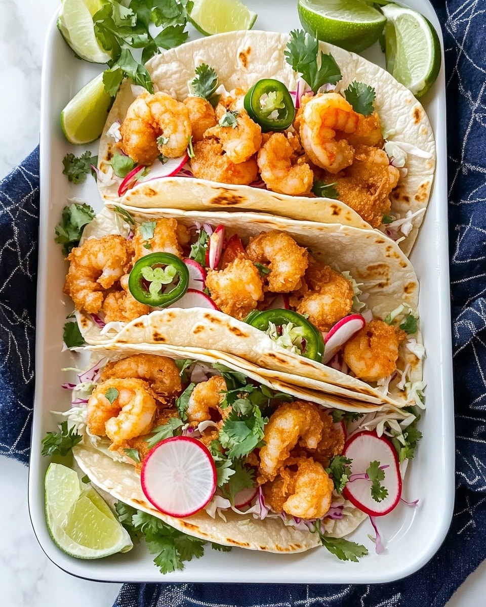 The image shows five soft tortillas laid out on a white tray, each filled with three to four golden-brown fried shrimp pieces on a bed of thin, shredded white cabbage. Thin round slices of red radish and small green herb leaves are scattered on top of the shrimp, adding pops of color. Around the tacos, there are wedge slices of bright green lime, thin slices of green jalapeño peppers, and a bunch of fresh red radishes with green tops placed near the edge of the tray. The tray sits on a dark blue cloth with small white star-like patterns, and the background is a white marbled texture. photo taken with an iphone --ar 4:5 --v 6.1