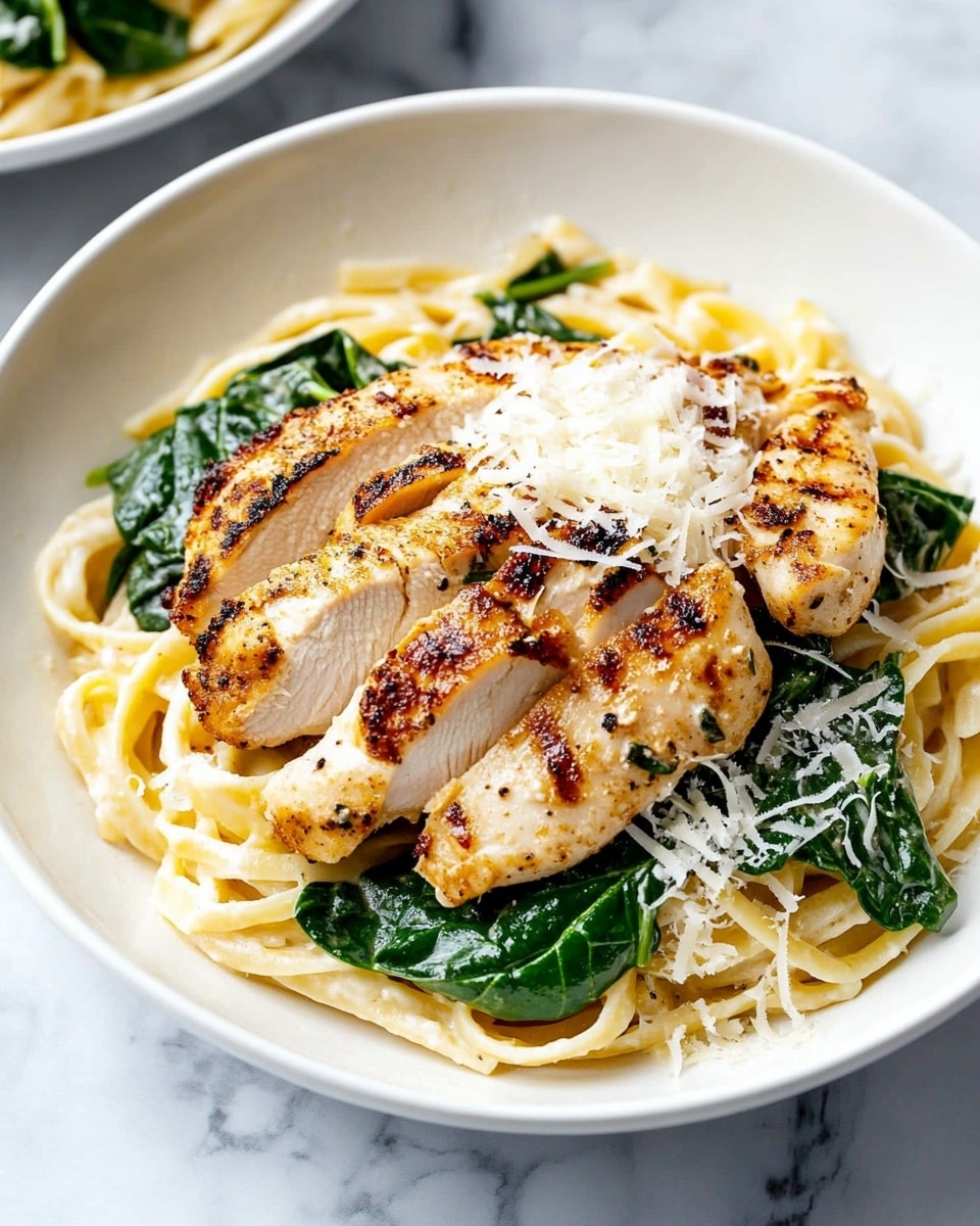 This image shows a black pan filled with creamy pasta and cooked spinach. On top of the pasta are three thick, sliced pieces of grilled chicken with a browned and seasoned surface. The pasta is light yellow and looks soft, mixed evenly with wilted dark green spinach leaves. A wooden spoon rests on the right side inside the pan, touching the chicken. The pan sits on a white and black checkered cloth placed on a white marbled surface. Photo taken with an iphone --ar 4:5 --v 6.1