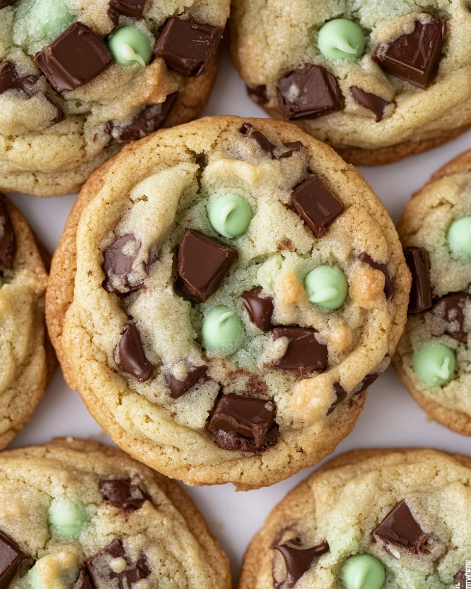 The image shows a close-up top view of several soft, round cookies stacked and overlapped on a white marbled surface. Each cookie is light golden brown with a slightly smooth and puffy texture. They are filled with irregularly shaped dark brown chocolate chunks and small pale green mint chocolate chips scattered evenly throughout. Some cookies show bites taken out of them, revealing a soft inside with more chocolate and mint chip pieces. The focus is sharp on the top cookie, highlighting its detailed texture and mix of green and brown pieces. Photo taken with an iphone --ar 4:5 --v 6.1
