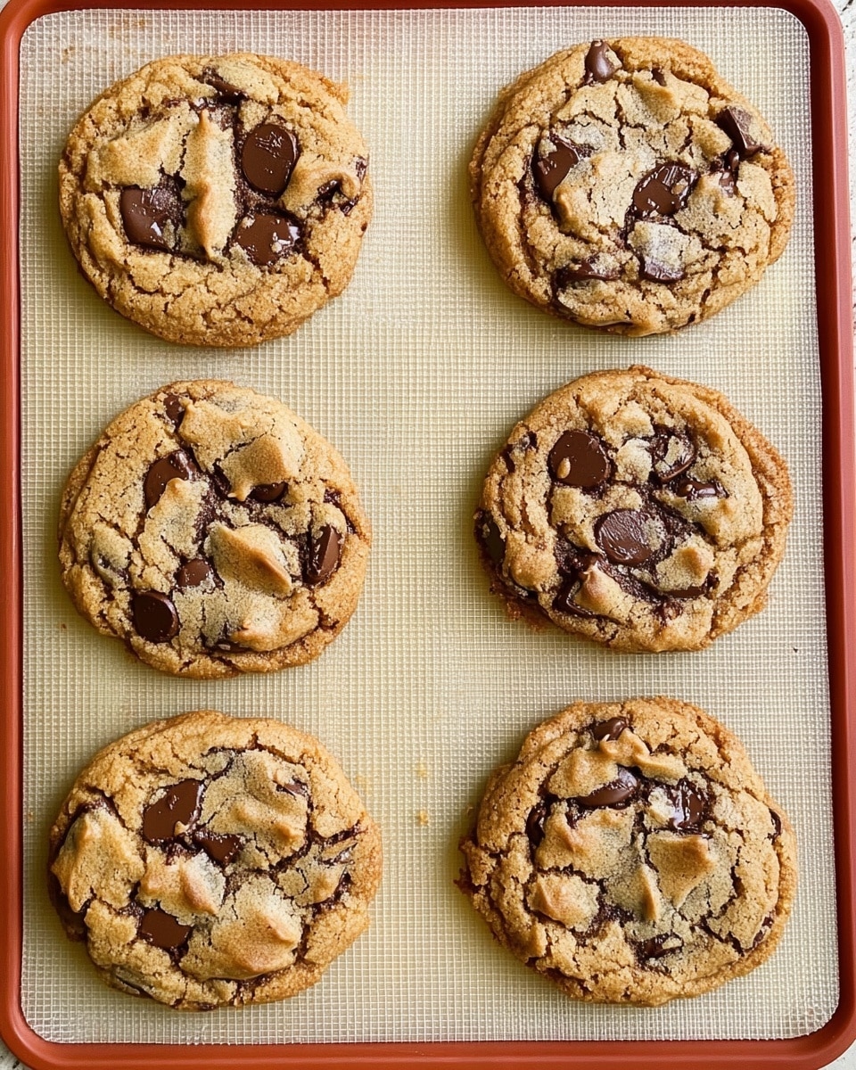The image shows several chunky chocolate chip cookies on a baking mat with a brownish-red border, all placed on a white marbled surface. Each cookie is round with a rough, bumpy texture and a light golden-brown color. Visible on the cookies are scattered chocolate chips and pieces of a crumbled biscuit, adding darker brown and reddish hues on top. The cookies look thick and soft with small cracks on the surface, giving a homemade and inviting look. Photo taken with an iphone --ar 4:5 --v 6.1