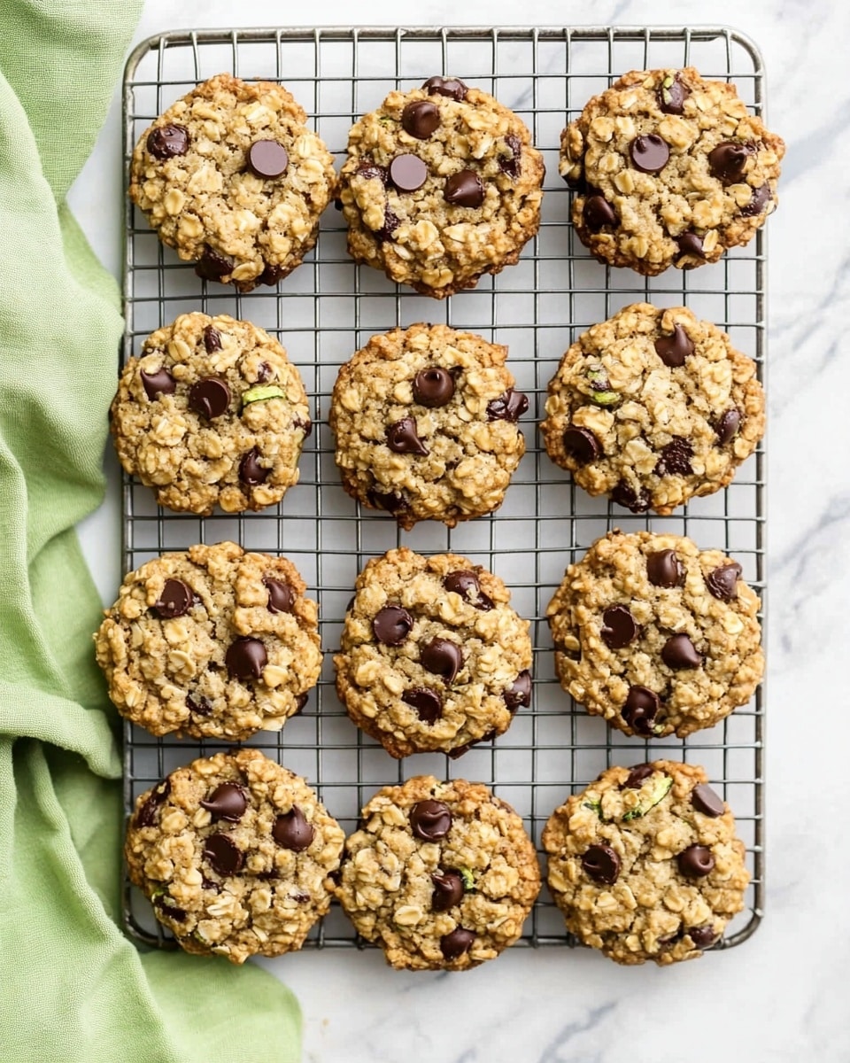 The image shows several close-up oatmeal chocolate chip cookies stacked on a white marbled surface. Each cookie has a rough texture with visible oats and small green flecks, likely zucchini, mixed into the dough. Chocolate chips are scattered evenly on the surface of each cookie, some slightly melted with a glossy finish. The cookies are golden brown with some darker spots, showing a baked, homemade appearance. The edges are uneven but soft-looking. Photo taken with an iphone --ar 4:5 --v 6.1