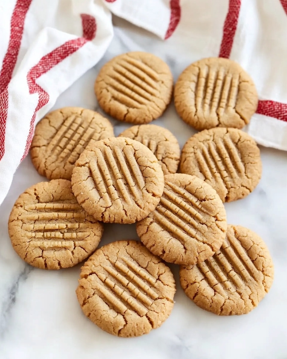 A stack of eight round peanut butter cookies with golden brown color and a crisscross fork pattern on top sits on a white marbled surface. Next to the stack, there are two more cookies lying flat, showing the same textured pattern. A white cloth with red stripes is draped casually around the cookies. In the blurred background, a wooden board with more cookies and a metal spatula can be seen, with warm yellow lights hanging above. Photo taken with an iphone --ar 4:5 --v 6.1