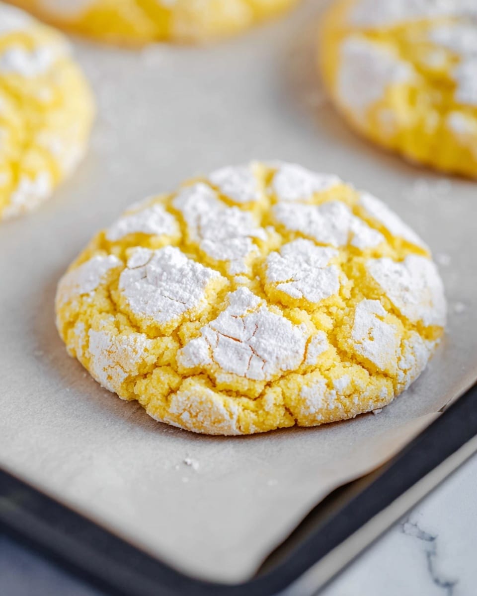 The image shows a close-up of a single round yellow cookie with a cracked surface, covered unevenly with a layer of white powdered sugar. The cookie has a soft smooth texture with visible fissures where the sugar sits in the cracks, creating a patchy pattern of white on yellow. The cookie rests on a sheet of light-colored parchment paper placed on a dark baking tray with slightly visible edges. In the blurred background, parts of two more cookies with similar cracked and powdered sugar surfaces are visible. The whole scene is set on a white marbled surface. photo taken with an iphone --ar 4:5 --v 7