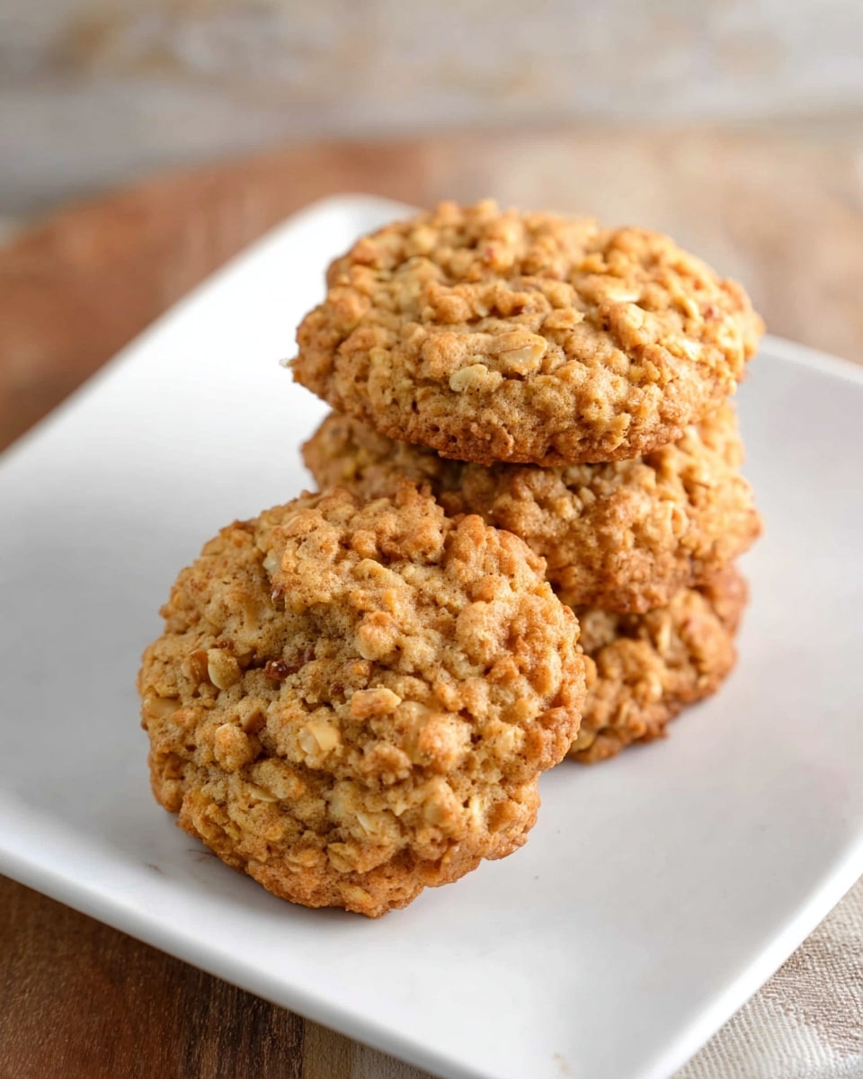 A white plate filled with several round oatmeal cookies, each cookie showing a rough, textured surface with visible oats and small nut pieces, baked to a light golden-brown color. The cookies are stacked closely together in the center of the plate, giving a sense of a generous serving. The plate sits on a white marbled surface in soft, natural light. photo taken with an iphone --ar 4:5 --v 7